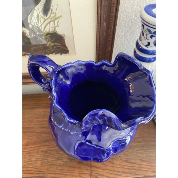Vintage 1970s Hand Painted Victorian Style Cobalt Blue Ironstone Pitcher - Picture 2 of 6